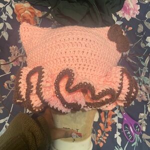 Pink Crochet Cat Ear Hat with Brown Trim